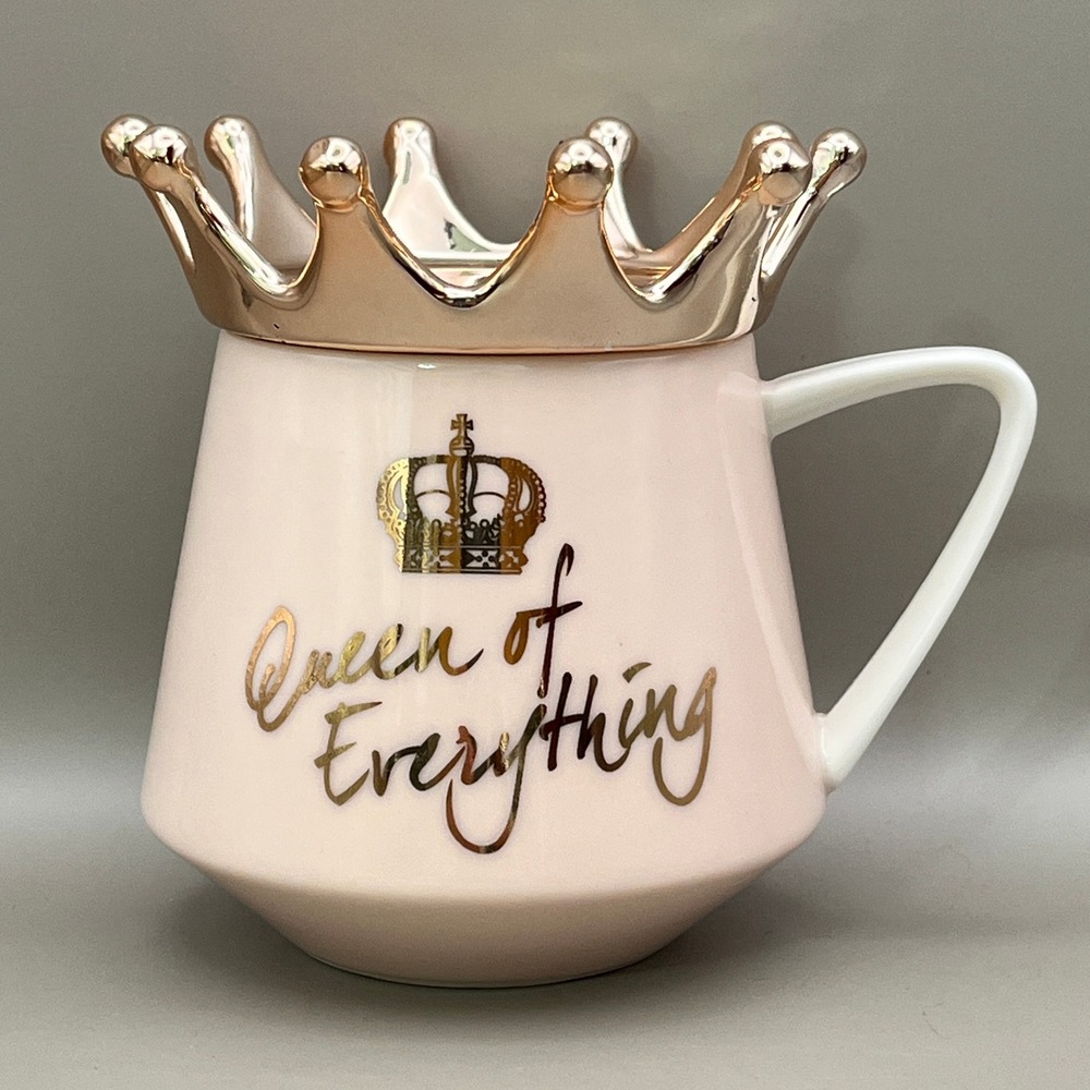 Queen of Everything Pink Ceramic Coffee Mug Gold Crown Lid Rose Gold Accent 12oz
